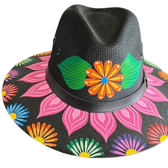 HAT MEXICAN Artisanal Hand Painted Fedora Floral Sombrero Panama Bohemian Black main image 8